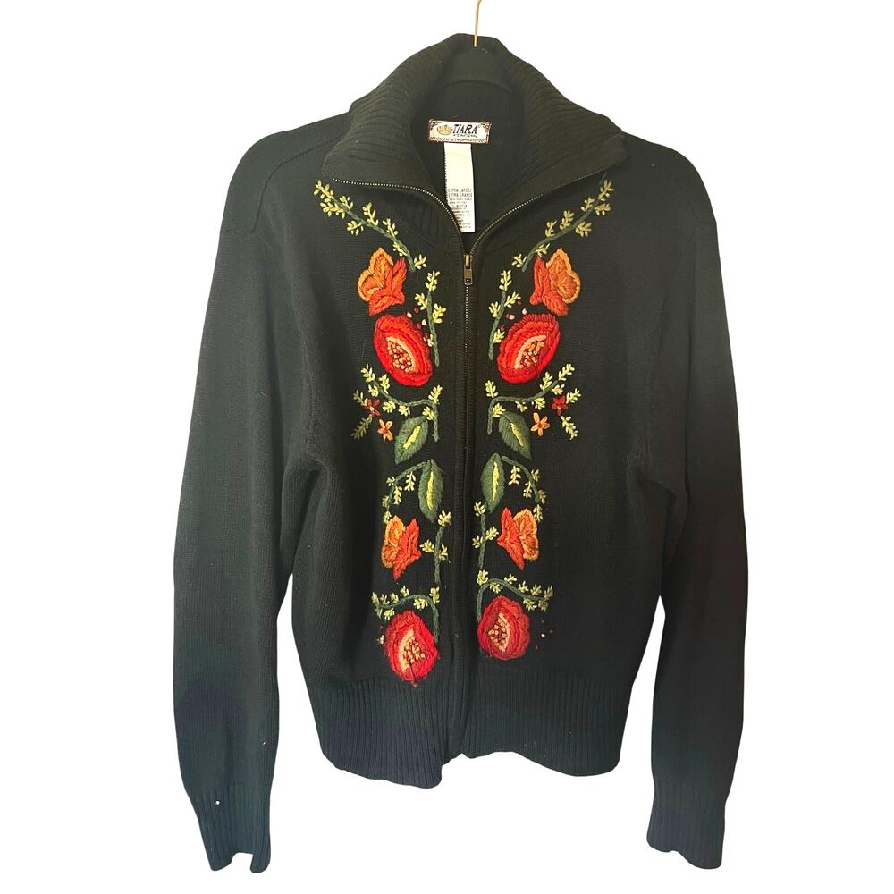 Vintage Floral Turtle Neck Embroidered Full Zip sweater Black SZ XL
